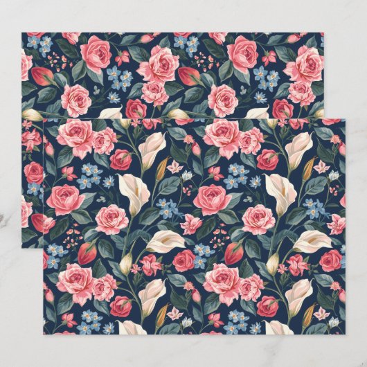 Invitation Romantic Navy Blue Floral Garden Pattern (Devant / Derrière)