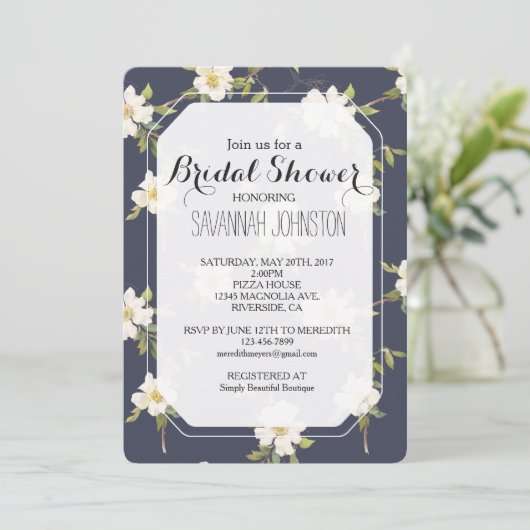 Invitation Romantic Navy Blue White Floral Bridal shower (Debout devant)