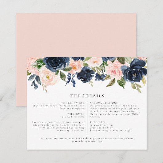 Invitation Romantic Navy Blush Floral Détails du Mariage Insé (Devant / Derrière)
