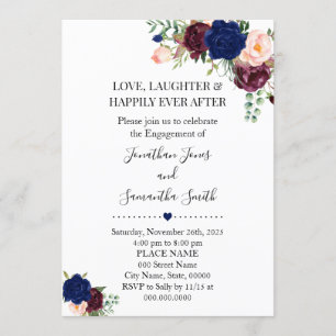 Invitation Romantic Navy Burgudy floral boho chic fiançailles
