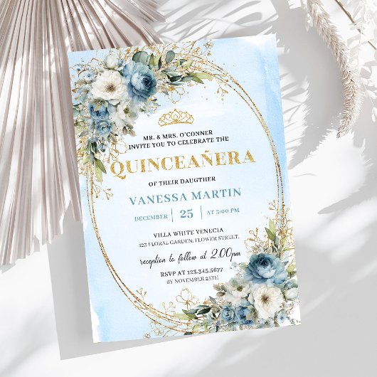 Invitation Romantic Pastel Blue Gold Eucalyptus Quinceañera