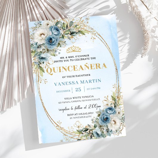 Invitation Romantic Pastel Blue Gold Eucalyptus Quinceañera  