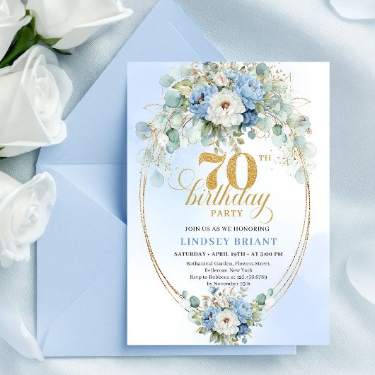 Invitation Romantic Pastel Blue Peonies 70th Birthday Invite