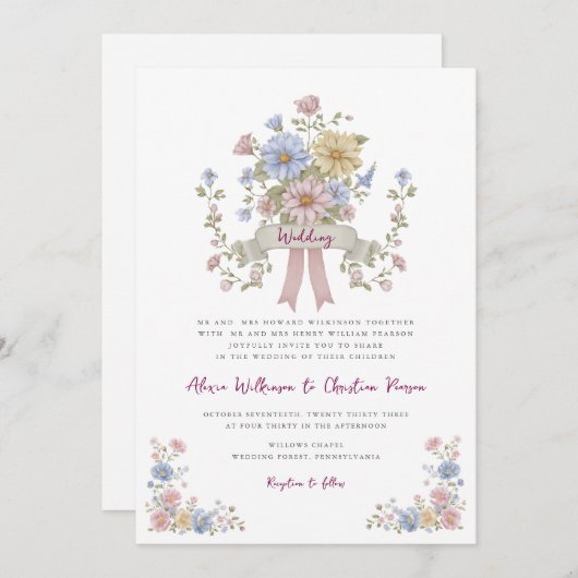 Invitation Romantic Pastel Floral all in one wedding qr code  (Devant / Derrière)