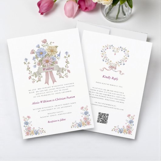 Invitation Romantic Pastel Floral all in one wedding qr code