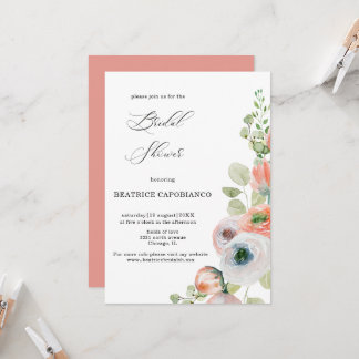 Invitation Romantic Peach Coral Floral Bridal Shower Card