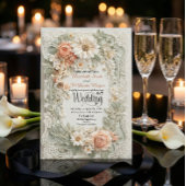 Invitation Romantic Peach Floral Faux Embossed Wreath Wedding