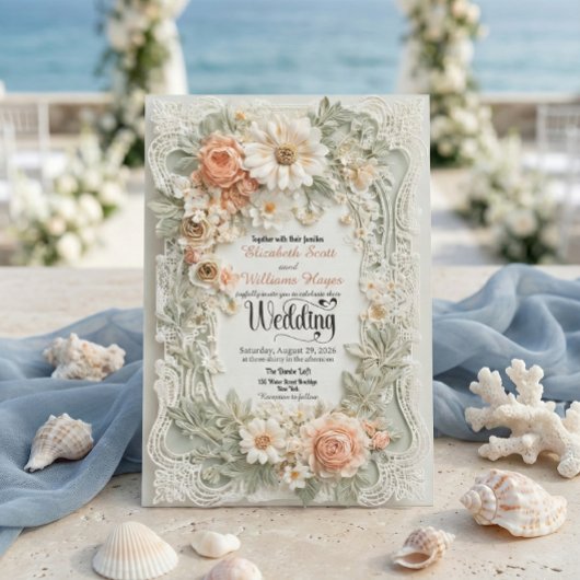 Invitation Romantic Peach Floral Faux Embossed Wreath Wedding