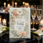 Invitation Romantic Peach Floral Faux Embossed Wreath Wedding