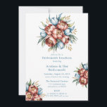 Invitation Romantic Peonies & Tulipes Bridesmaiers Déjeuner<br><div class="desc">Un bouquet de fleurs magnifiquement illustré. Le bouquet se compose de grandes pivoines vibrantes dans les tons terre cuite et bleu, complétées par de petites tulipes bleues. Il y a aussi des feuilles verts et des accents dorés, qui peuvent représenter des tiges ou d'autres éléments floraux. Les fleurs sont positionnées...</div>