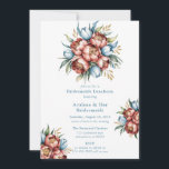 Invitation Romantic Peonies & Tulipes Bridesmaiers Déjeuner<br><div class="desc">Un bouquet de fleurs magnifiquement illustré. Le bouquet se compose de grandes pivoines vibrantes dans les tons terre cuite et bleu, complétées par de petites tulipes bleues. Il y a aussi des feuilles verts et des accents dorés, qui peuvent représenter des tiges ou d'autres éléments floraux. Les fleurs sont positionnées...</div>