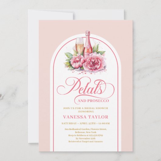 Invitation Romantic petals and prosecco watercolor shower (Devant)