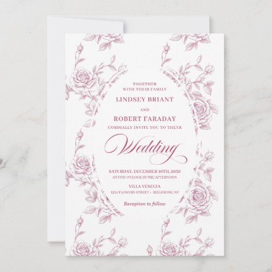 Invitation Romantic Pink and White Rose Pattern Wedding (Devant)