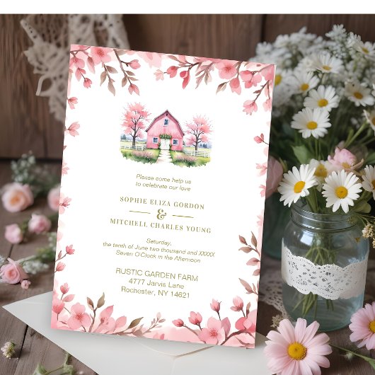 Invitation Romantic Pink Barn Rustic Landscape Floral Frame