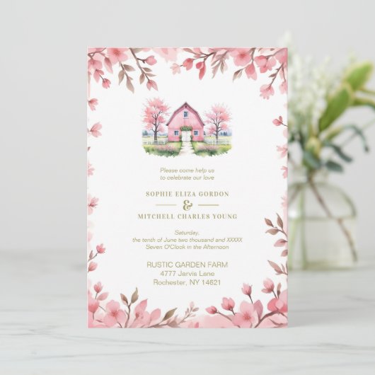 Invitation Romantic Pink Barn Rustic Landscape Floral Frame (Debout devant)