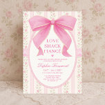 Invitation Romantic Pink Bow Love Shack Fiance Fête des marié<br><div class="desc">Célébrez dans le style avec cette vintage invitation à la douche nuptiale à arc rose floral, parfaite pour un rassemblement intemporel et féminin. Conçue avec un arc rose chaud peint à la main, des rayures de papier peint rose délicates et des accents de dentelle subtils, cette invitation exhale le charme...</div>