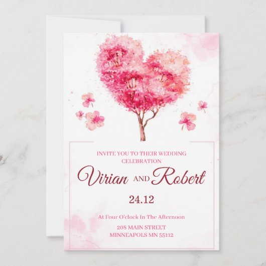 Invitation Romantic Pink Heart Tree Watercolor Wedding Invita (Devant)