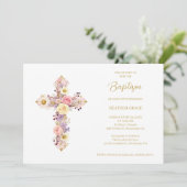 Invitation Romantic Pink Lilac Floral Cross Baptism (Debout devant)