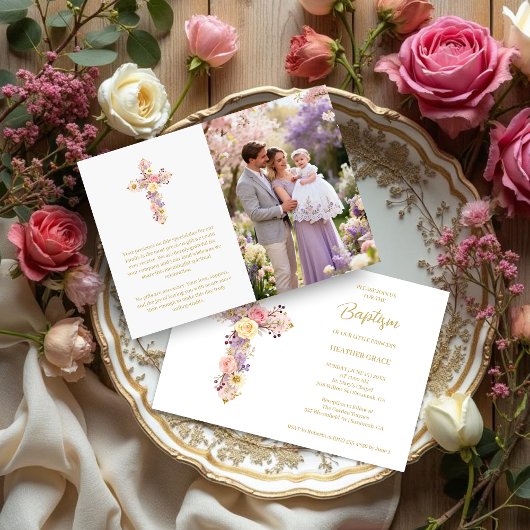 Invitation Romantic Pink Lilac Floral Cross Baptism