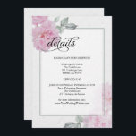 Invitation Romantic Pink Peonies Rice Papier Mariage Détails<br><div class="desc">Détails du mariage | Rien à redire pour vos détails mariages, comme l'hébergement à l'hôtel, les informations de bienvenue de la réception, le site Web et plus encore. Des pivoines roses romantiques et douces avec de la verdure rose fraîche sur un arrière - plan de la texture de papier de...</div>