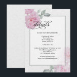 Invitation Romantic Pink Peonies Rice Papier Mariage Détails<br><div class="desc">Détails du mariage | Rien à redire pour vos détails mariages, comme l'hébergement à l'hôtel, les informations de bienvenue de la réception, le site Web et plus encore. Des pivoines roses romantiques et douces avec de la verdure rose fraîche sur un arrière - plan de la texture de papier de...</div>