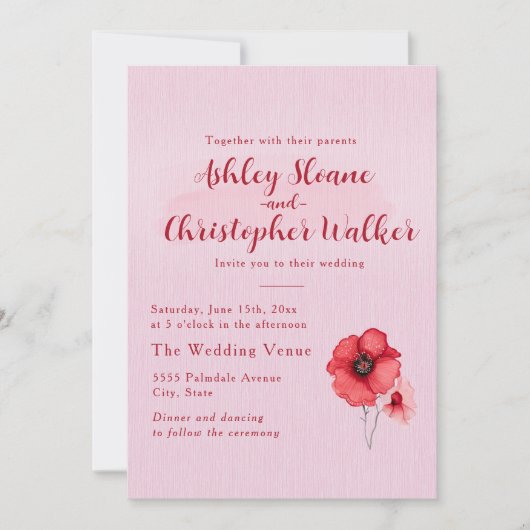 Invitation Romantic Pink Red Floral Wedding (Devant)