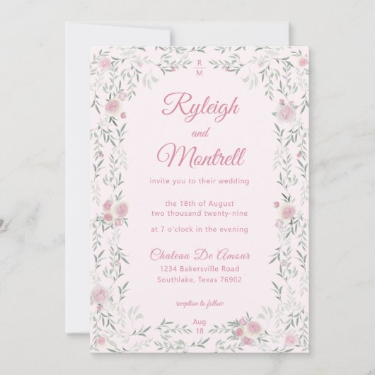 Invitation Romantic Pink Roses and Greenery Wedding (Devant)