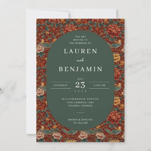 Invitation Romantic Red Floral Bird Border (Devant)