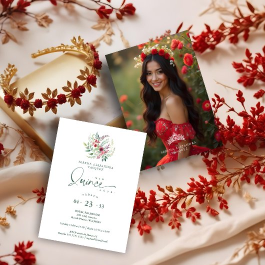 Invitation Romantic Red Floral Floral Boho Quinceañera