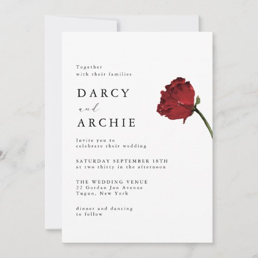 Invitation Romantic Red Rose Minimal Modern Wedding (Devant)