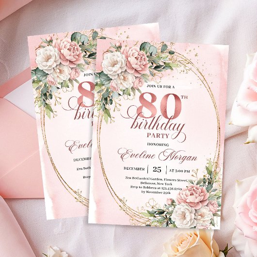 Invitation Romantic Rose Gold Floral Greenery 80th Birthday  