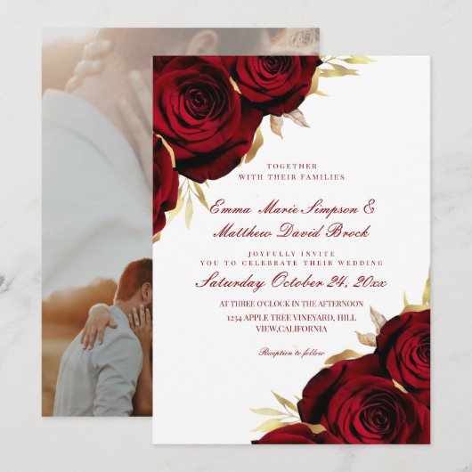 Invitation Romantic Rose Gold & Red Floral Wedding (Devant / Derrière)