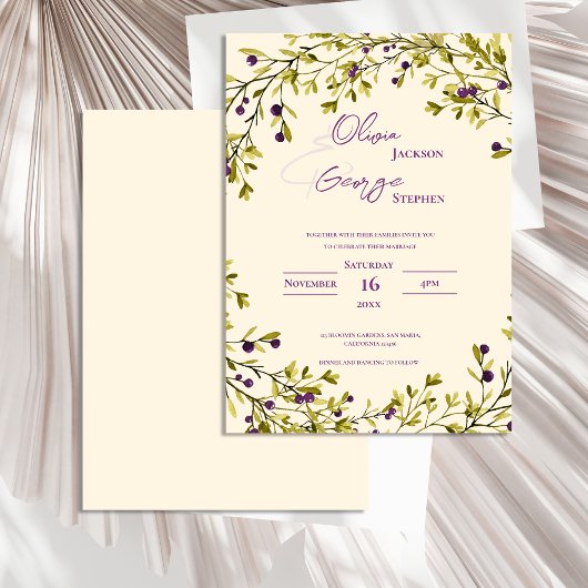 Invitation Romantic Rustic Purple Berry Leaves Wedding