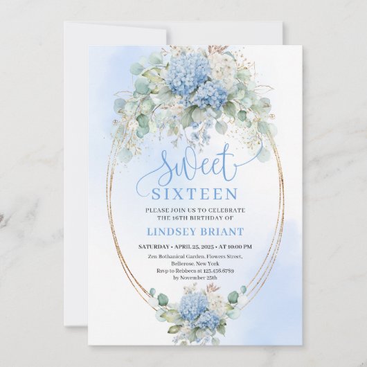 Invitation Romantic Script Blue Floral Eucalyptus Sweet 16  (Devant)