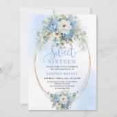 Invitation Romantic Script Dusty Blue Peony Sweet Sixteen (Devant)
