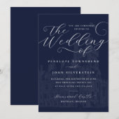 Invitation Romantic Script Navy Castle Illustration Wedding (Devant / Derrière)