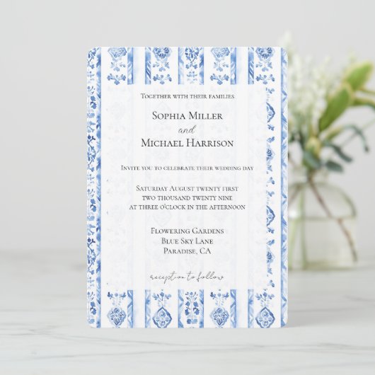 Invitation Romantic Sicily Italian Rustic Blue Stripe Wedding (Debout devant)