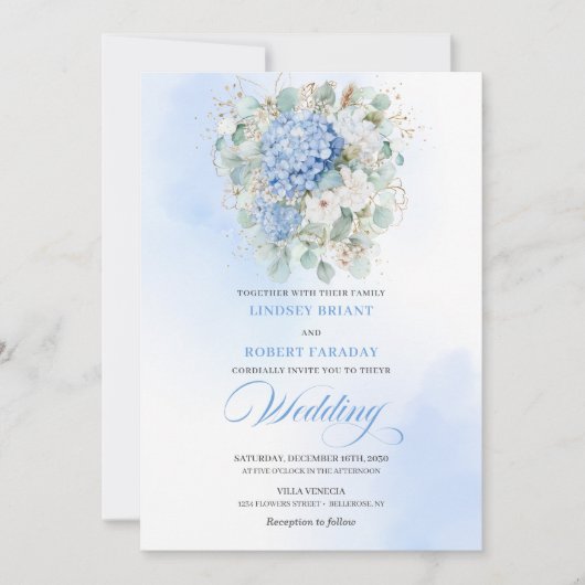 Invitation Romantic Soft Blue Hydrangea Eucalyptus Wedding  (Devant)