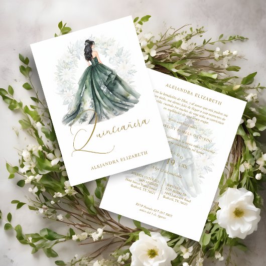 Invitation Romantic Spanish Quinceañera in Green & Golden 