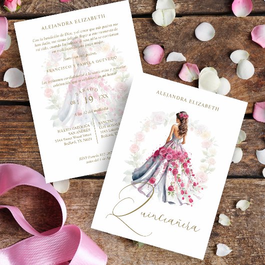 Invitation Romantic Spanish Quinceañera in Pink Shades