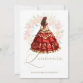 Invitation Romantic Spanish Quinceañera in Red & Golden (Devant)