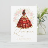 Invitation Romantic Spanish Quinceañera in Red & Golden (Debout devant)