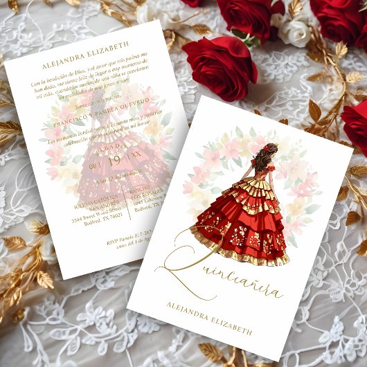 Invitation Romantic Spanish Quinceañera in Red & Golden