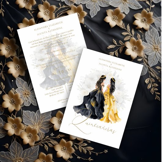 Invitation Romantic Spanish Quinceañera Twins in Black Yellow