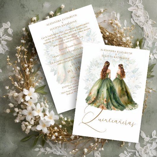 Invitation Romantic Spanish Quinceañeras Twins Green Shades