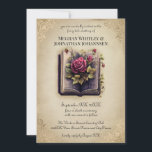 Invitation Romantic Storybook Fairy Tale Mariage<br><div class="desc">Cette faire-part de mariage romantique présente un thème de conte de fées vintage. Une image d'un vieux livre d'histoires est photographiée au centre, accentuée de roses rouges. L'arrière - plan dispose d'un motif de papier parchemin passé. Un cadre doré de style vintage borde l'invitation. Les noms du couple sont imprimés...</div>