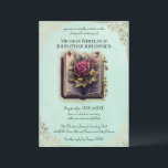 Invitation Romantic Storybook Fairy Tale Mariage sur Turquois<br><div class="desc">Cette faire-part de mariage romantique présente un thème de conte de fées vintage. Une image d'un vieux livre d'histoires est photographiée au centre, accentuée de roses rouges. L'arrière - plan dispose d'un motif de papier parchemin de couleur turquoise et défraîchi. Un cadre doré de style vintage borde l'invitation. Les noms...</div>