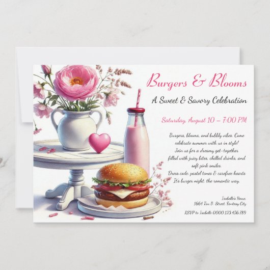 Invitation Romantic Summer Party Watercolor Burger & Pink (Devant)