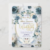 Invitation Romantic Swan Lake Watercolor Blue Floral Wedding (Devant)