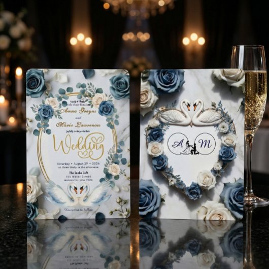 Invitation Romantic Swan Lake Watercolor Blue Floral Wedding